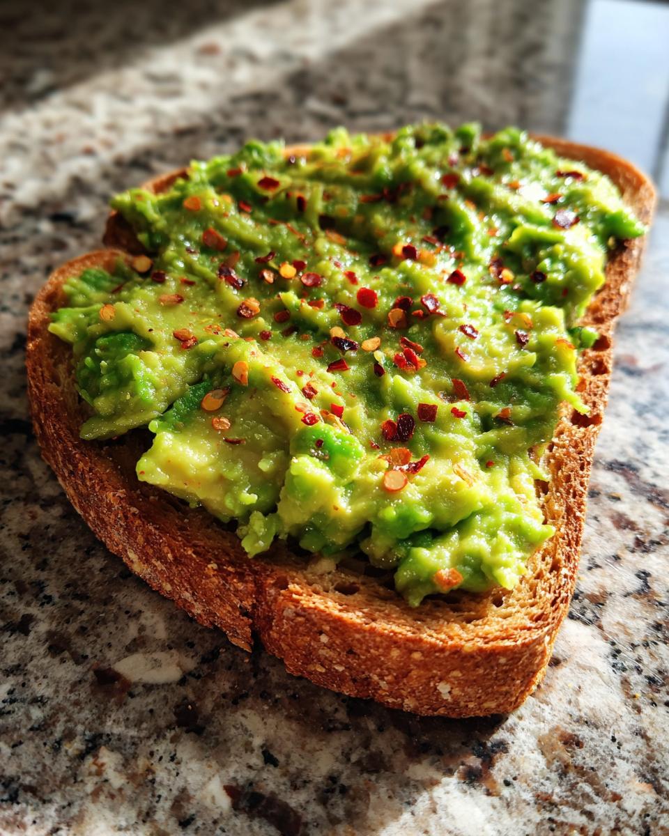 Close-up of creamy avocado toast topped generously with bright red pepper flakes on a granite counter.