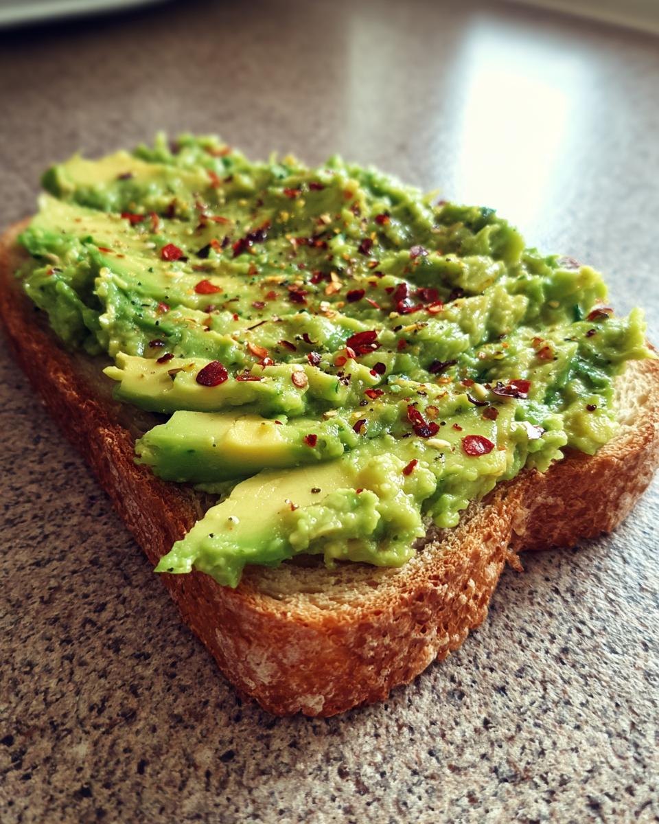Close-up of creamy avocado toast topped with sliced avocado and sprinkled with red pepper flakes.
