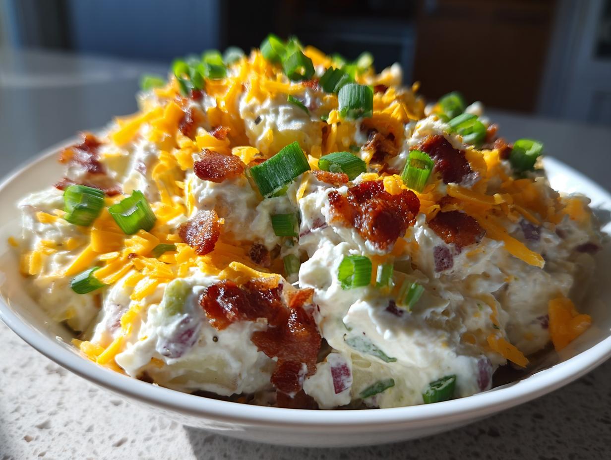 A close-up of creamy baked potato salad topped with shredded cheddar cheese, bacon bits, and chopped green onions.