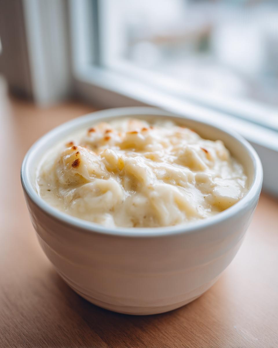 A close-up of a white bowl filled with creamy easy crockpot potato soup, topped with melted, slightly browned cheese.