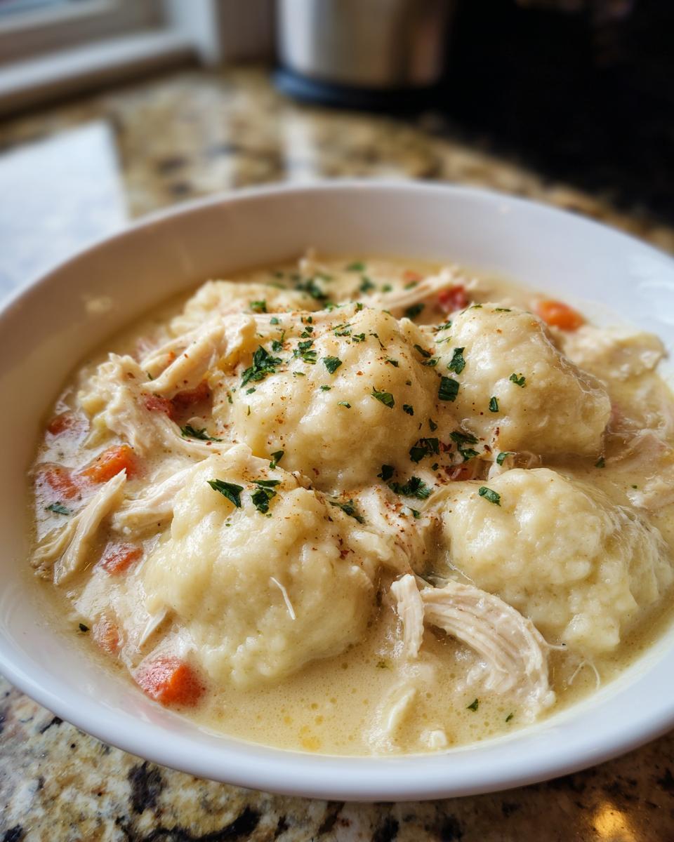 Close-up of a white bowl filled with creamy chicken and dumpling delight, topped with parsley.