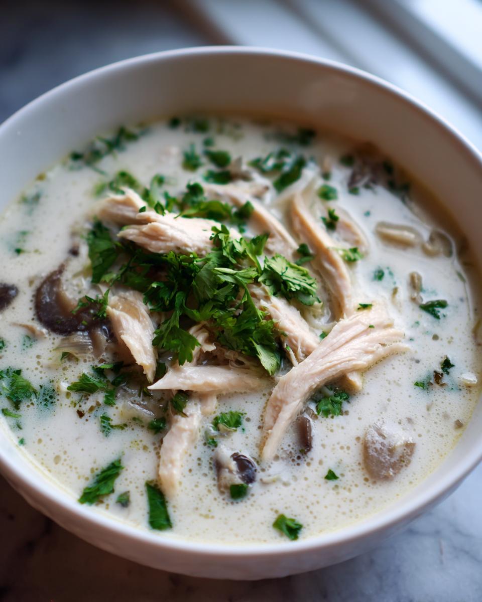 A close-up view of a white bowl filled with creamy coconut soup, featuring shredded chicken, mushrooms, and fresh cilantro garnish.