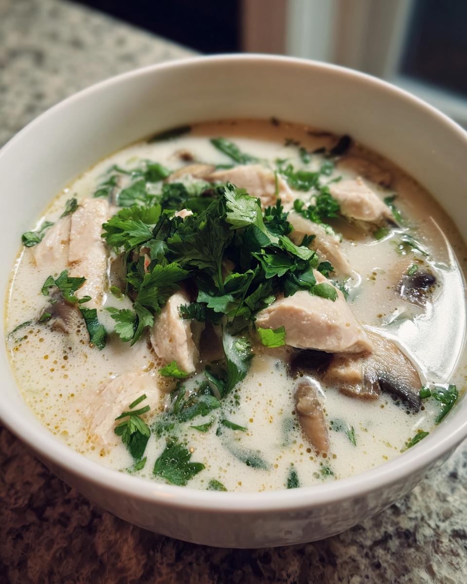 A close-up shot of a white bowl filled with creamy chicken coconut soup, topped generously with fresh cilantro or parsley.