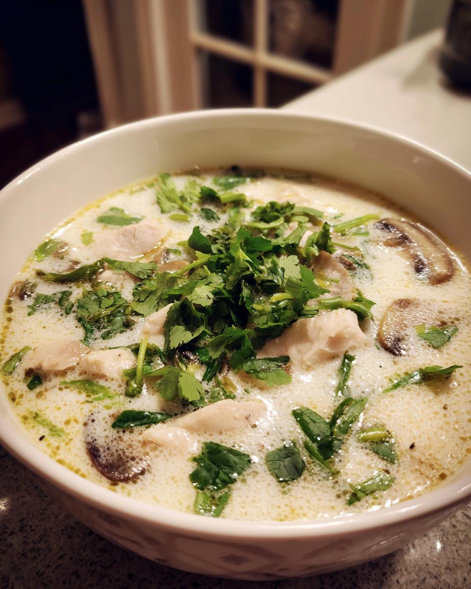 A close-up view of a steaming bowl of creamy coconut soup filled with chunks of chicken, sliced mushrooms, and topped generously with fresh cilantro.