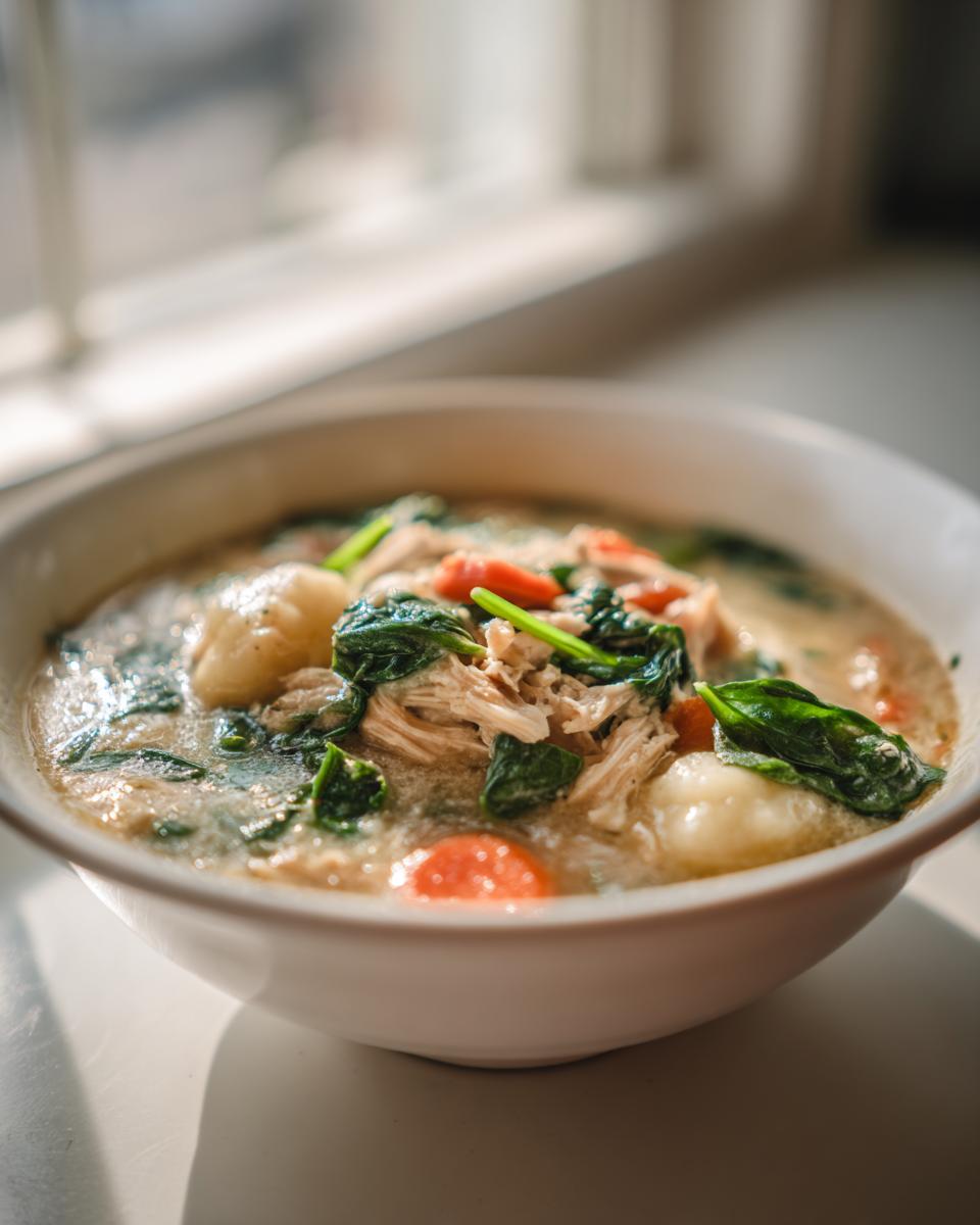 A close-up of a creamy bowl of chicken gnocchi soup featuring shredded chicken, carrots, and spinach.