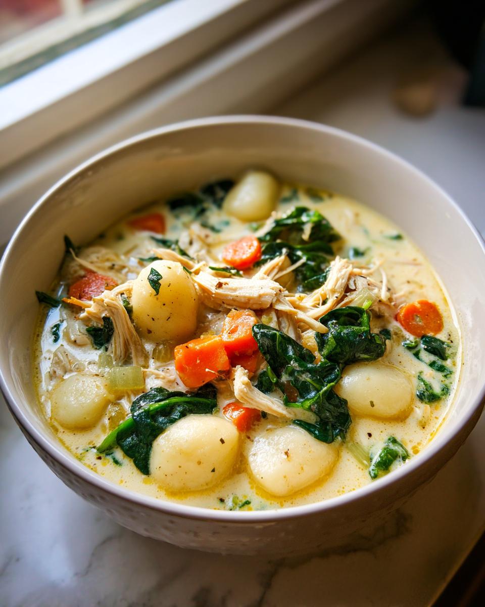 A close-up of a creamy chicken gnocchi soup featuring soft gnocchi, shredded chicken, carrots, and spinach.