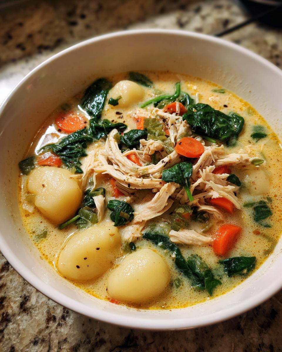 Close-up of a hearty bowl of creamy chicken gnocchi soup topped with shredded chicken, spinach, and carrots.