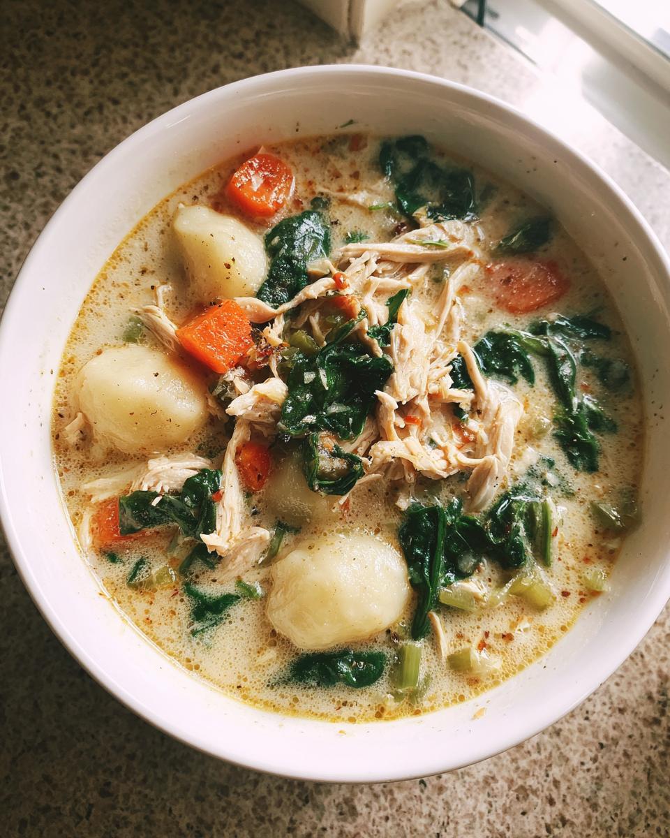 Top-down view of a creamy chicken gnocchi soup with shredded chicken, spinach, and carrots in a white bowl.