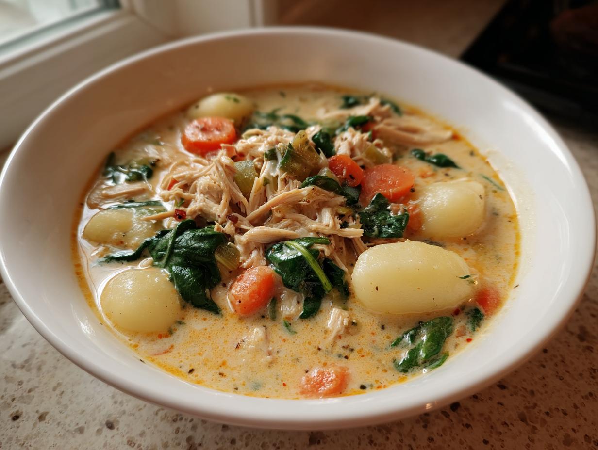 Close-up of a white bowl filled with creamy chicken gnocchi soup, featuring shredded chicken, carrots, and spinach.