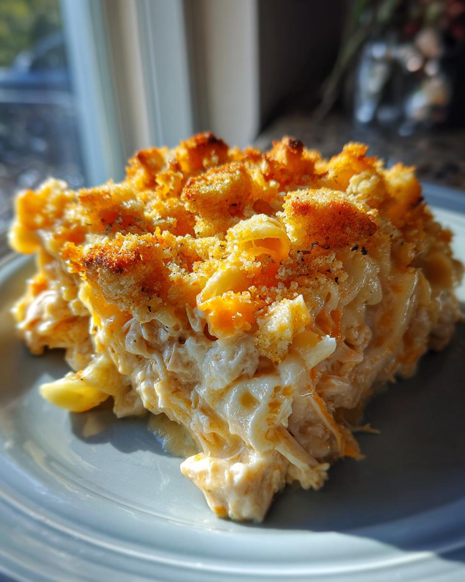 A close-up serving of creamy chicken noodle casserole topped with golden brown breadcrumbs, sitting on a light blue plate.