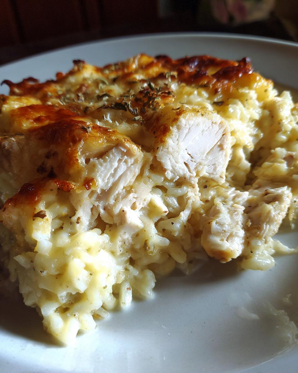 Close-up of a creamy chicken and rice casserole with a golden, cheesy, baked top layer.