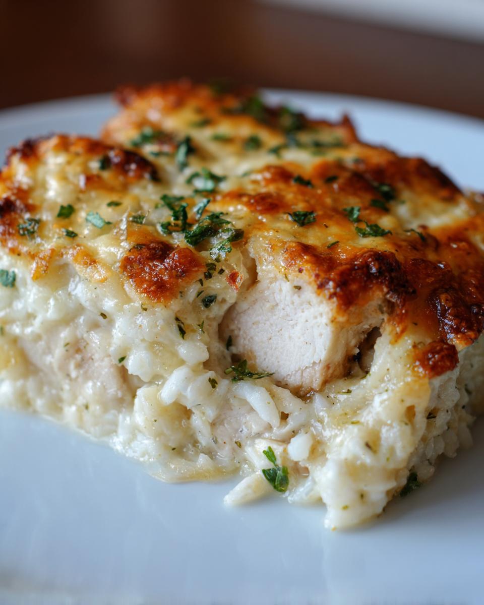 A close-up of a creamy chicken and rice casserole slice topped with melted, browned cheese and fresh parsley.