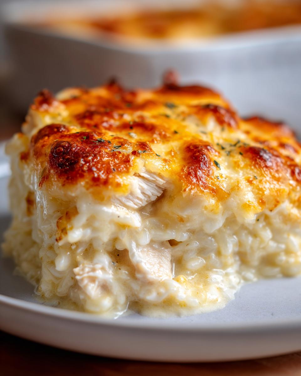 A close-up of a creamy chicken rice casserole slice topped with bubbly, browned cheese.