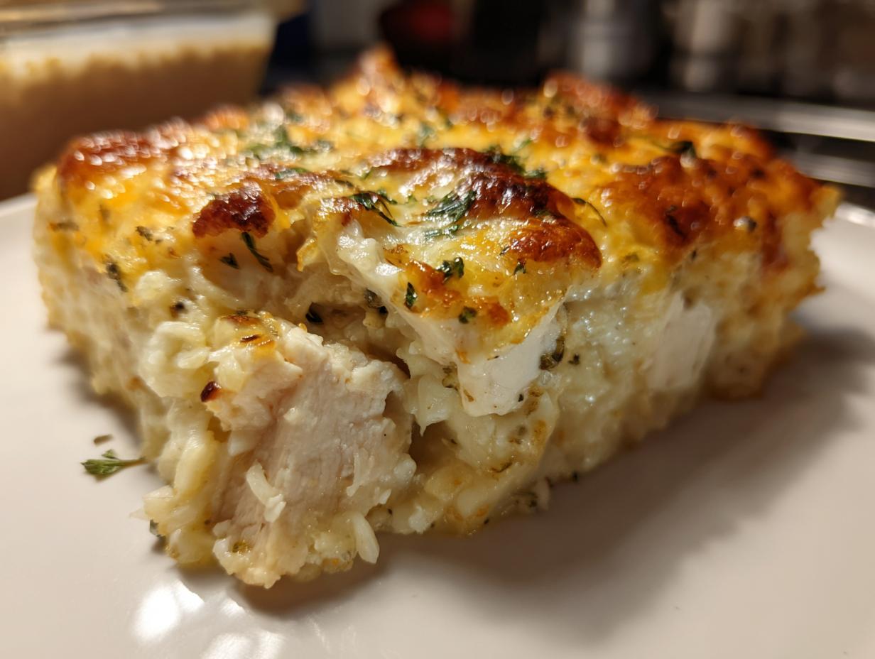 A close-up view of a hearty slice of creamy chicken and rice casserole with a golden, bubbly cheese topping.