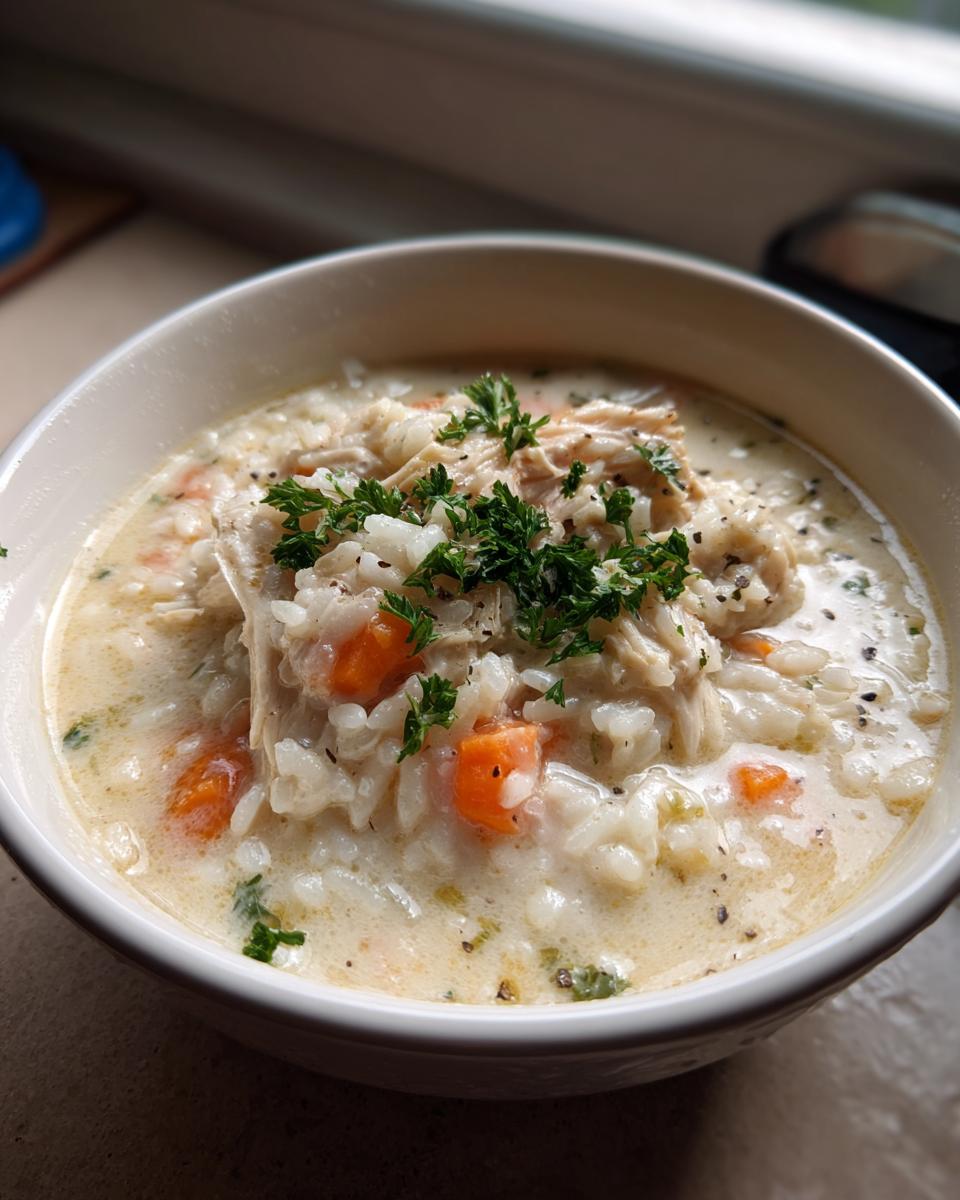A comforting bowl of creamy chicken and rice soup, topped with shredded chicken and fresh parsley.