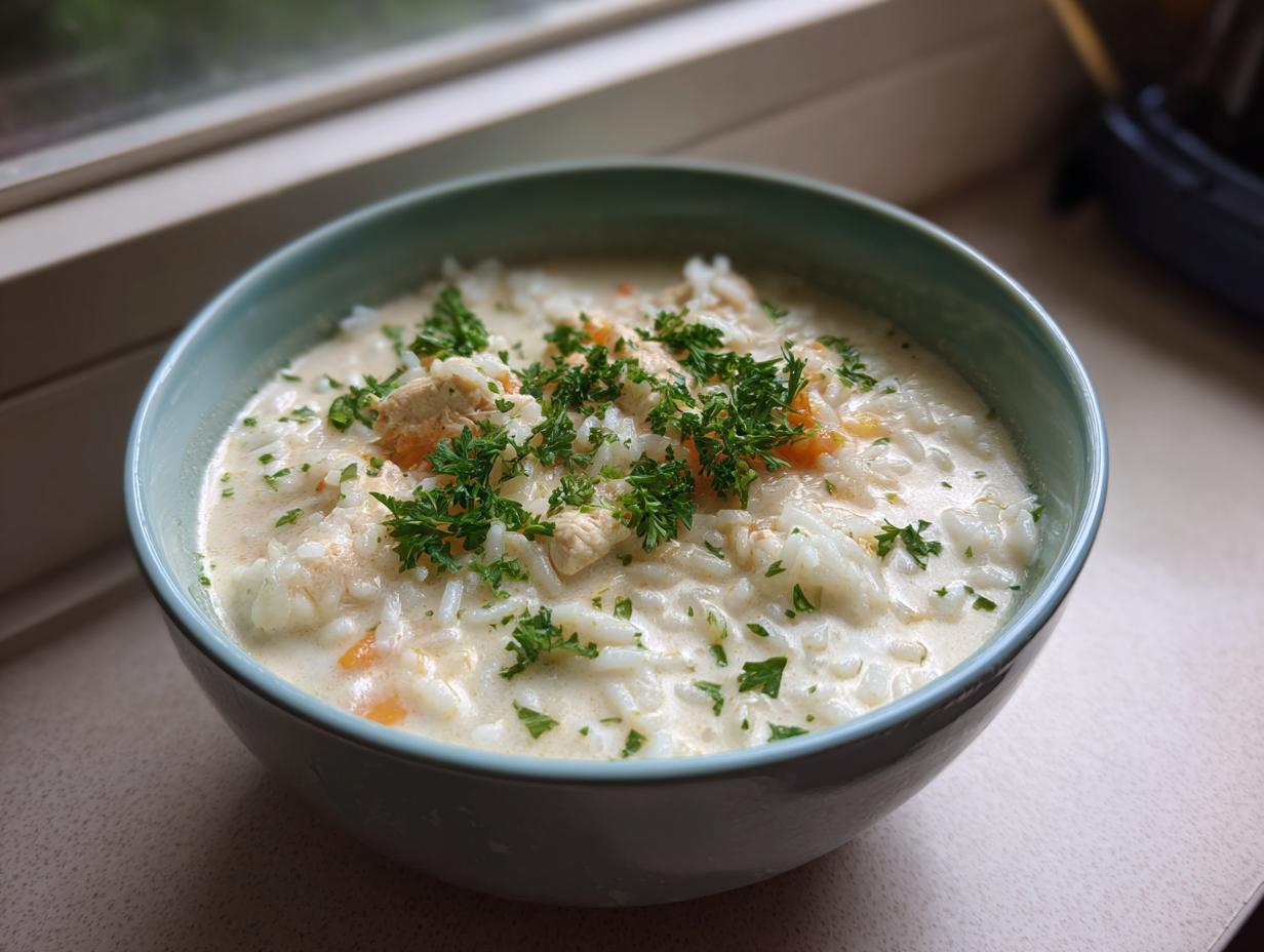 A close-up of a creamy chicken rice soup garnished with fresh parsley in a light blue bowl.