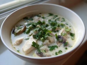 A close-up of a white bowl filled with creamy coconut soup featuring chunks of chicken, sliced mushrooms, and fresh green herbs.
