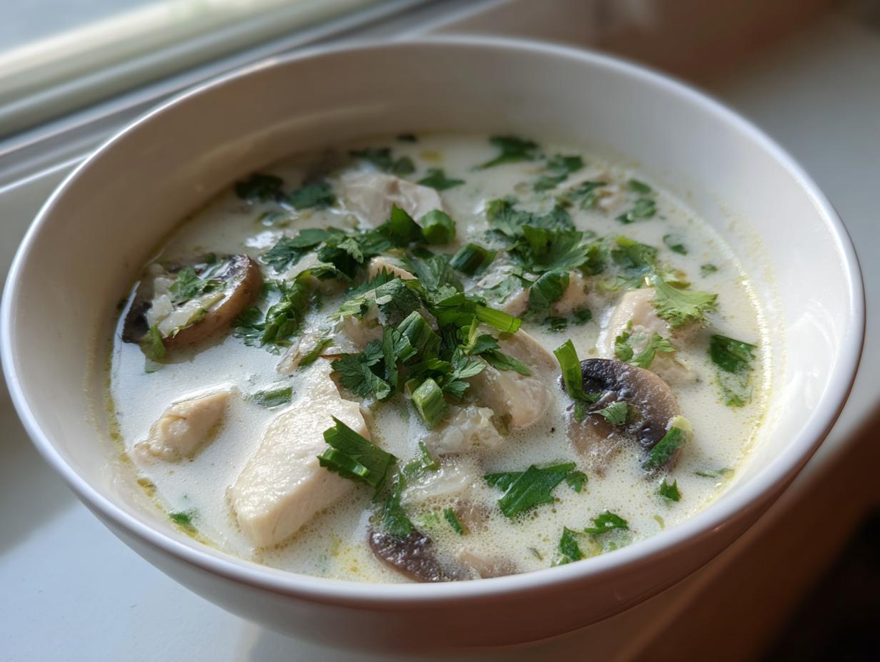 A close-up of a white bowl filled with creamy coconut soup featuring chunks of chicken, sliced mushrooms, and fresh green herbs.