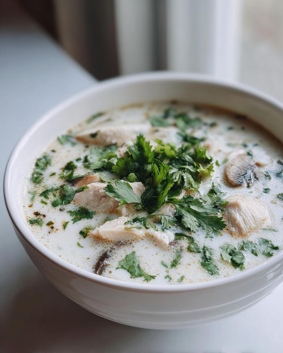 Close-up of a white bowl filled with creamy coconut soup, featuring chunks of chicken, mushrooms, and fresh parsley garnish.