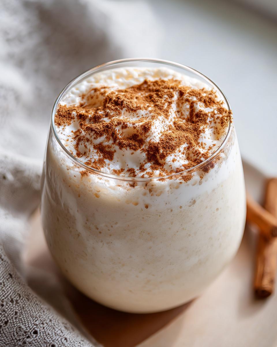Close-up of a glass of creamy coquito topped with whipped cream and a generous dusting of ground cinnamon.