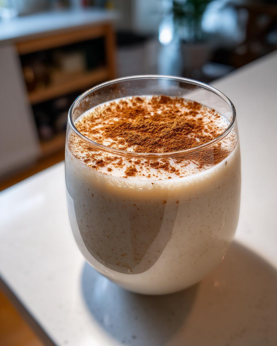 A close-up of a glass filled with creamy coquito, generously dusted with ground cinnamon on top.