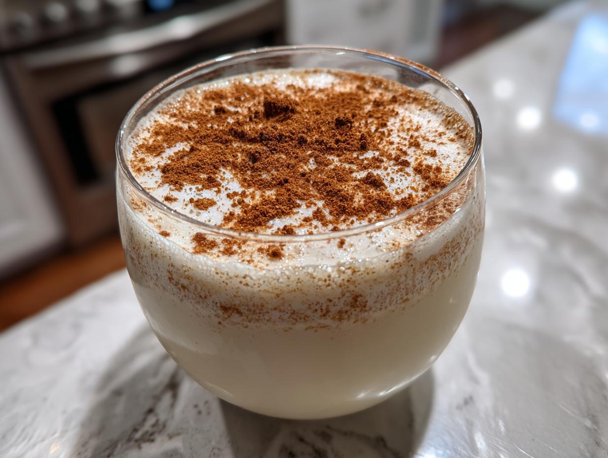 A close-up of a glass filled with creamy, white coquito, heavily dusted with ground cinnamon on top.