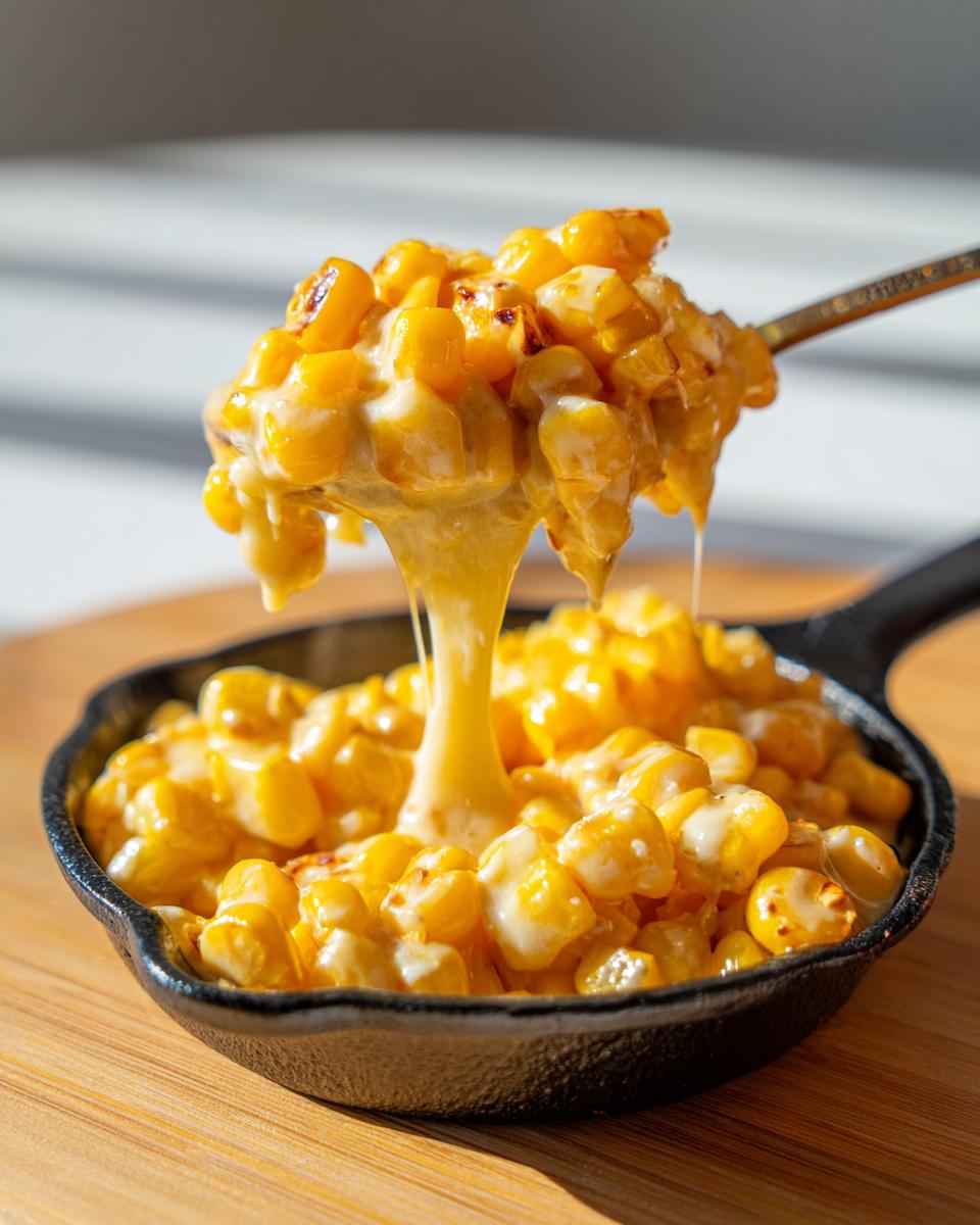 A spoonful of creamy corn is lifted from a small cast iron skillet, showing a dramatic cheese pull.