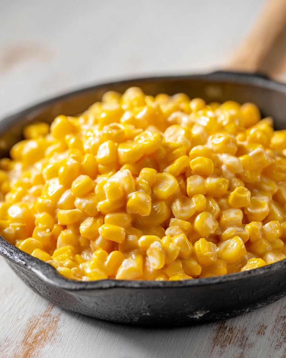 Close-up of creamy corn kernels coated in a light sauce, served hot in a small black cast iron skillet.