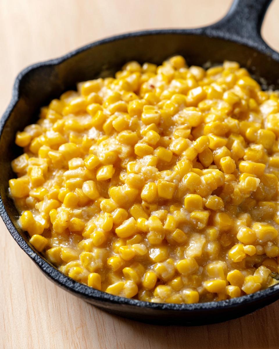 Close-up of creamy corn side dish served hot in a small black cast iron skillet.