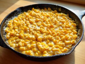 Close-up of creamy corn side dish cooked in a black cast iron skillet, featuring bright yellow corn kernels in a rich sauce.