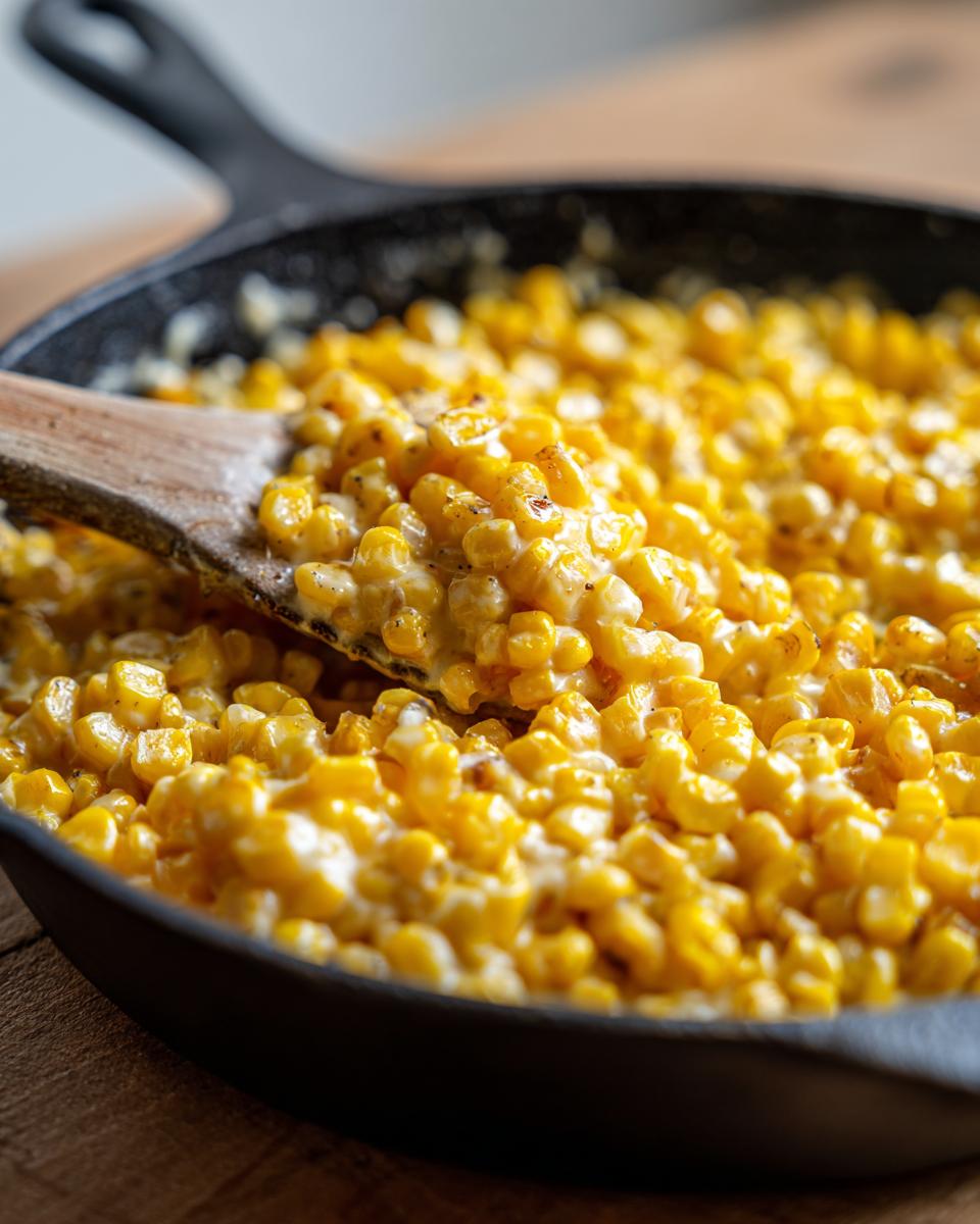 Close-up of creamy corn side dish being stirred with a wooden spoon in a black cast iron skillet.