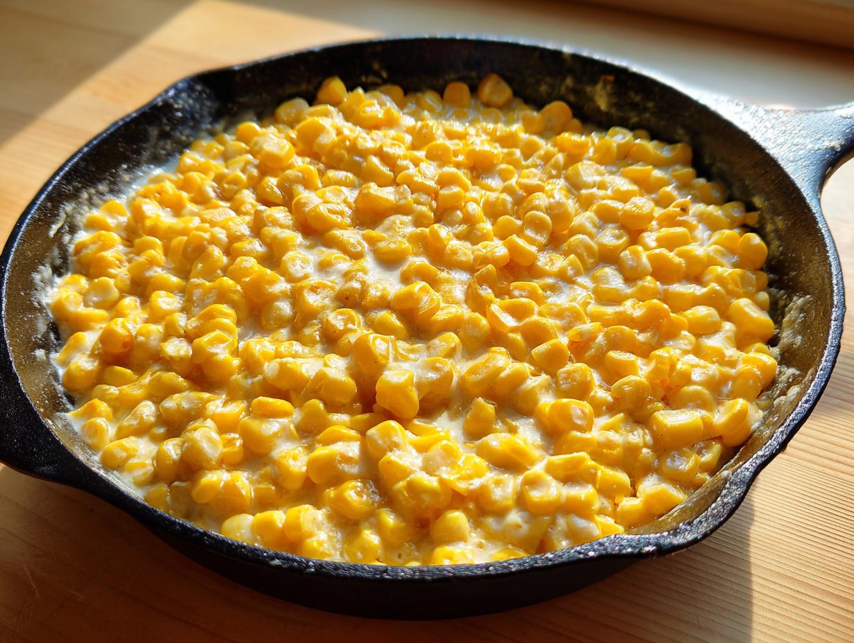 Close-up of creamy corn side dish cooked in a black cast iron skillet, featuring bright yellow corn kernels in a rich sauce.