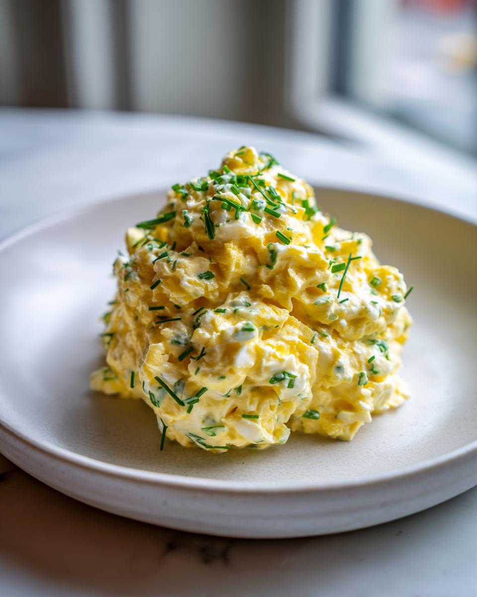 A mound of creamy egg salad recipe, mixed with mayonnaise and topped generously with bright green chopped chives.