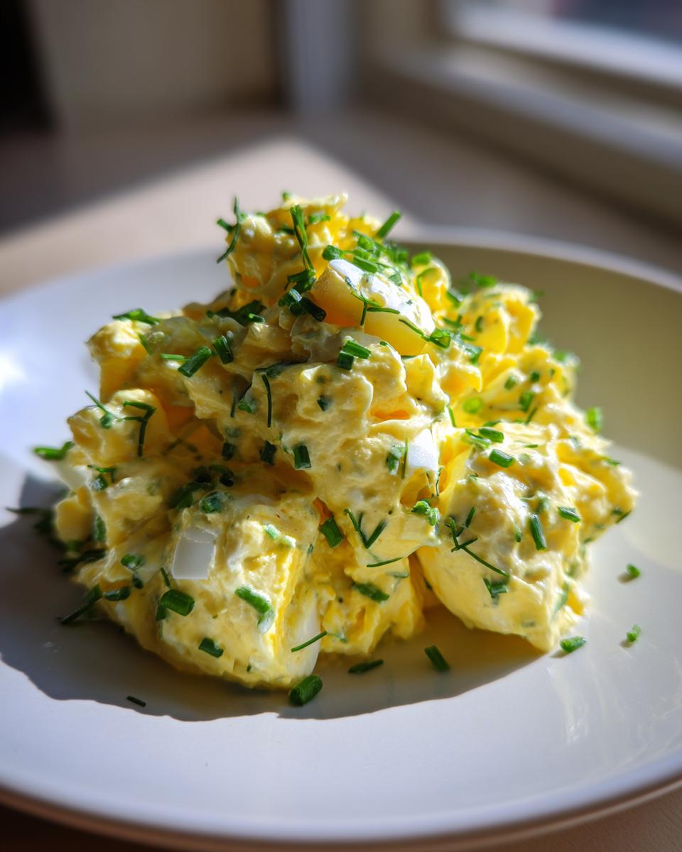 A mound of creamy, yellow egg salad recipe garnished generously with chopped green chives on a white plate.