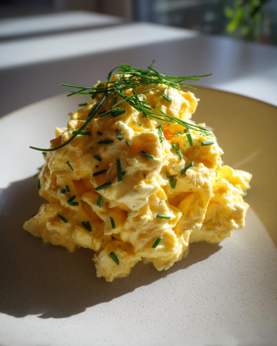 A mound of creamy, yellow egg salad recipe garnished generously with fresh, bright green chives on a light plate.