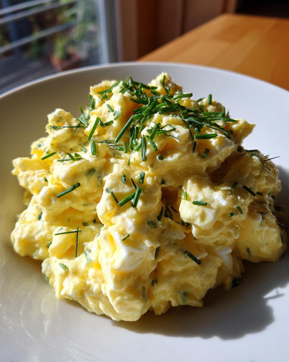 A close-up of creamy egg salad recipe served in a white bowl, generously topped with chopped fresh chives.