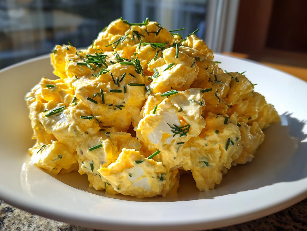 A mound of creamy, yellow egg salad recipe generously topped with finely chopped green chives on a white plate.