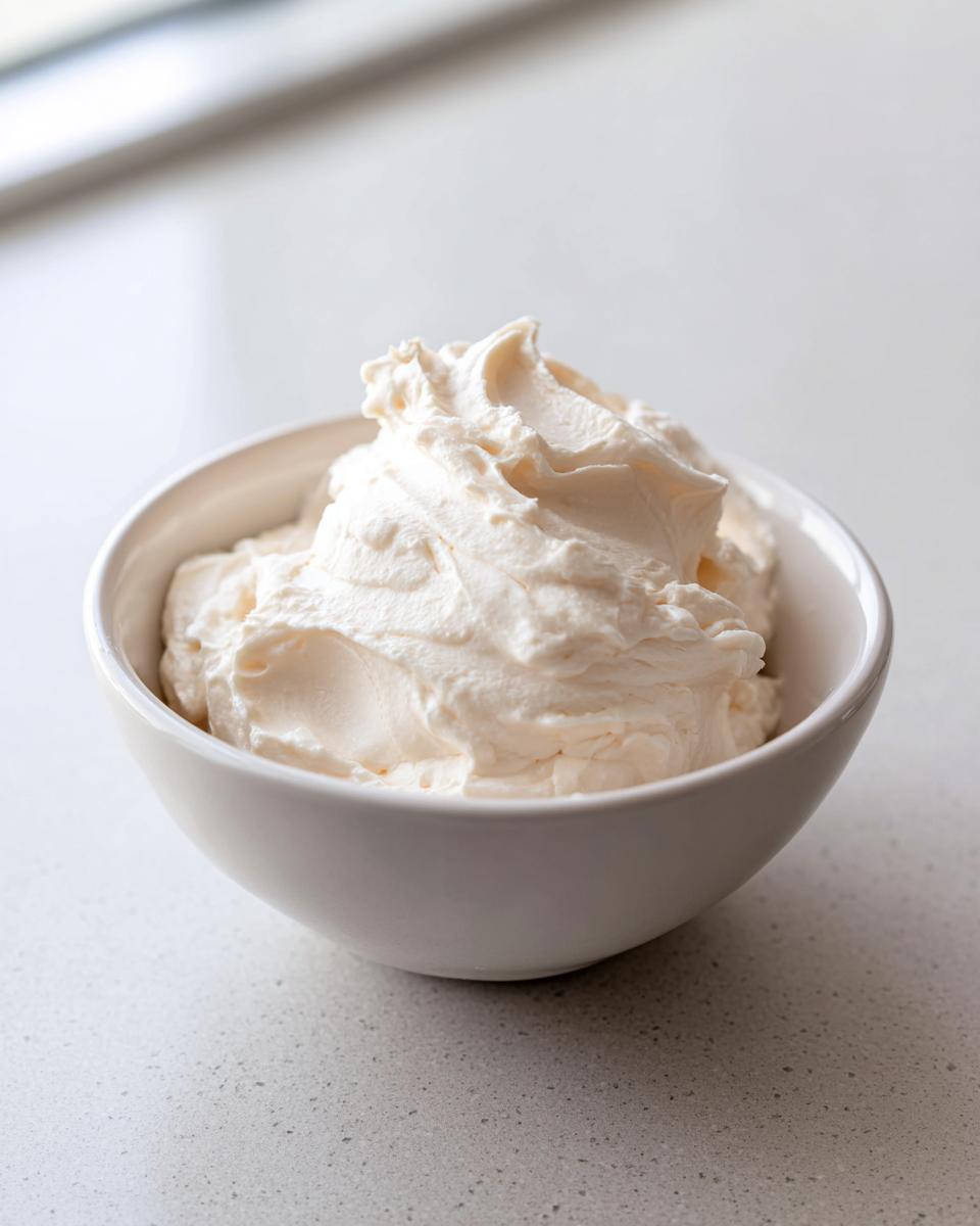 A close-up of fluffy, creamy white fruit dip swirled high in a small white bowl.
