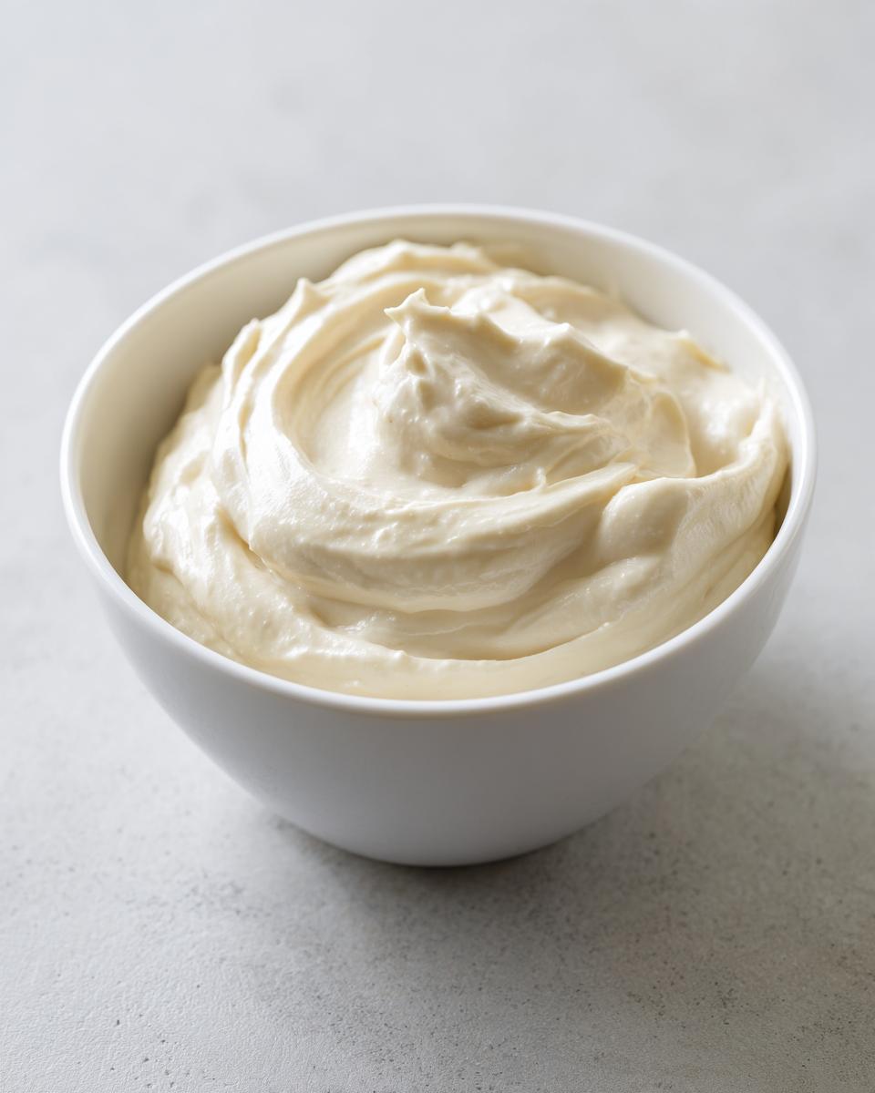 Close-up of thick, creamy fruit dip swirled in a white bowl against a light gray background.