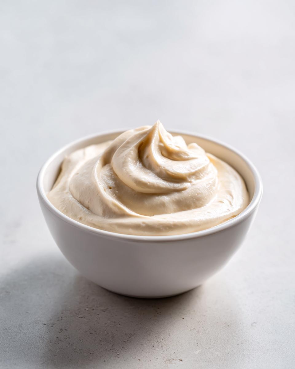 A close-up of thick, creamy fruit dip swirled beautifully in a small white bowl against a light background.