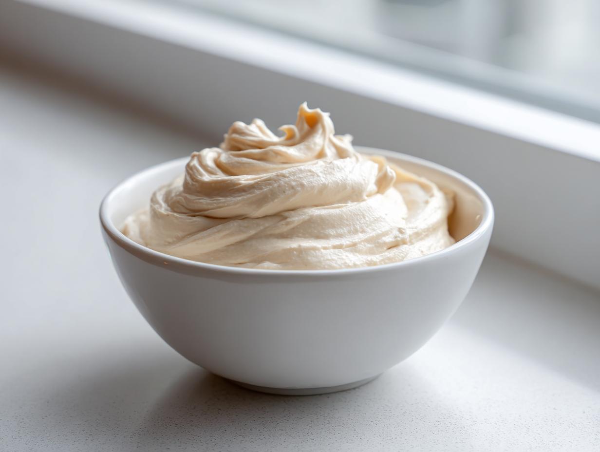 A close-up of creamy, light tan fruit dip swirled high in a small white bowl.