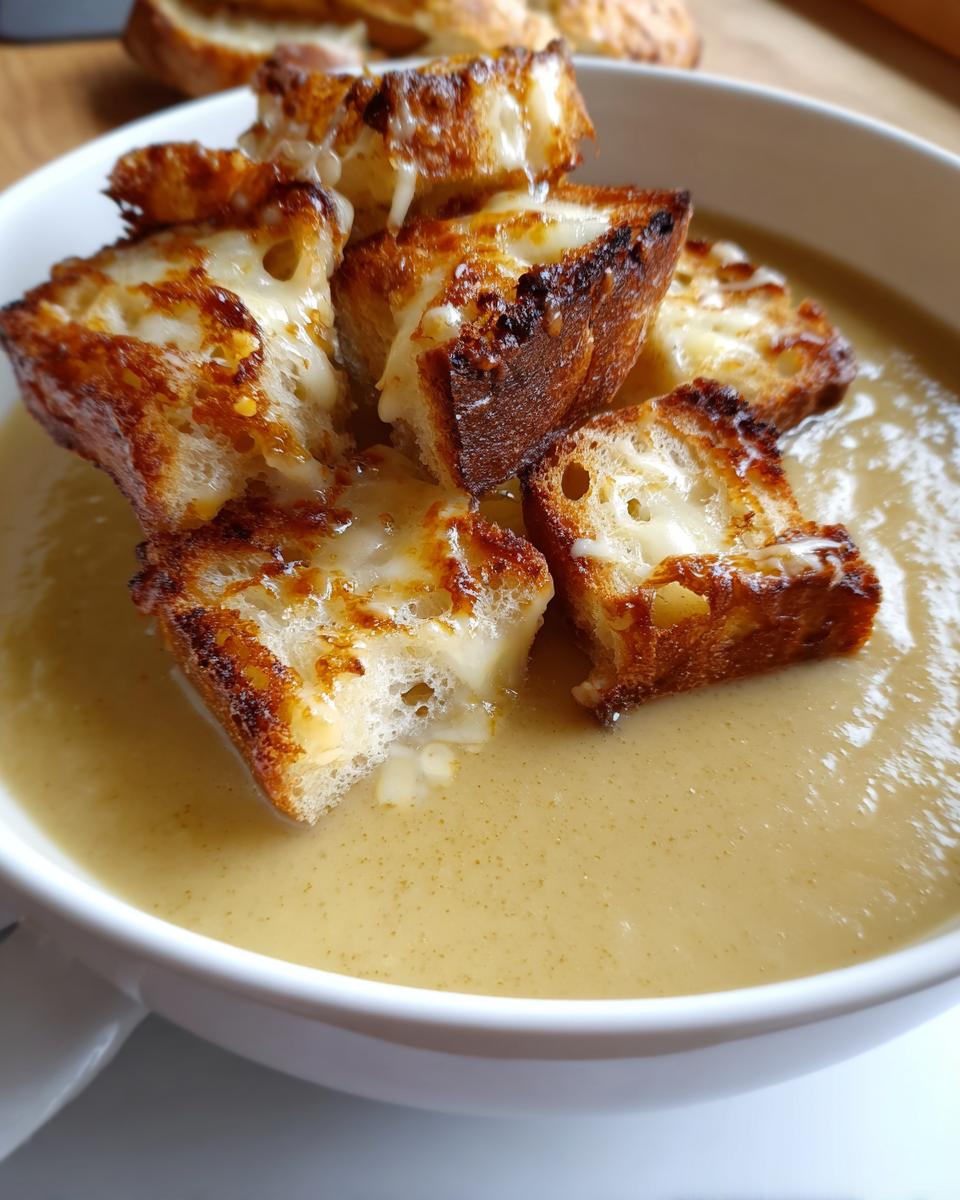 Close-up of creamy garlic soup topped with golden, cheesy croutons melting into the broth.