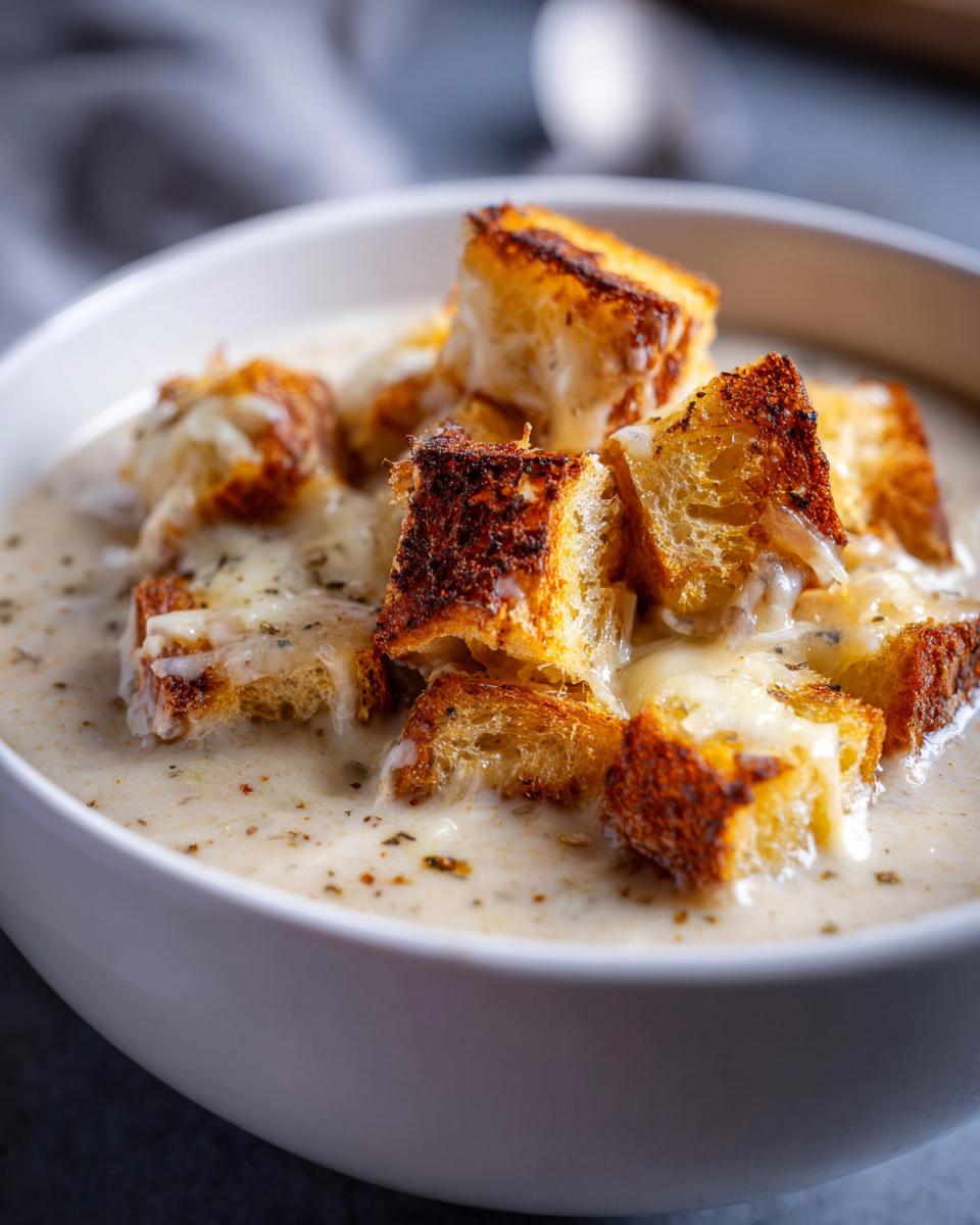 Close-up of creamy garlic soup topped with melted cheese and golden brown, toasted croutons.