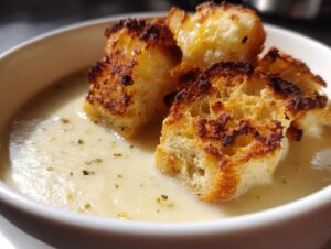 Close-up of creamy garlic soup served in a white bowl, topped with large, golden-brown, toasted croutons.