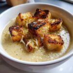 Close-up of creamy garlic soup topped with charred, golden croutons and grated cheese.