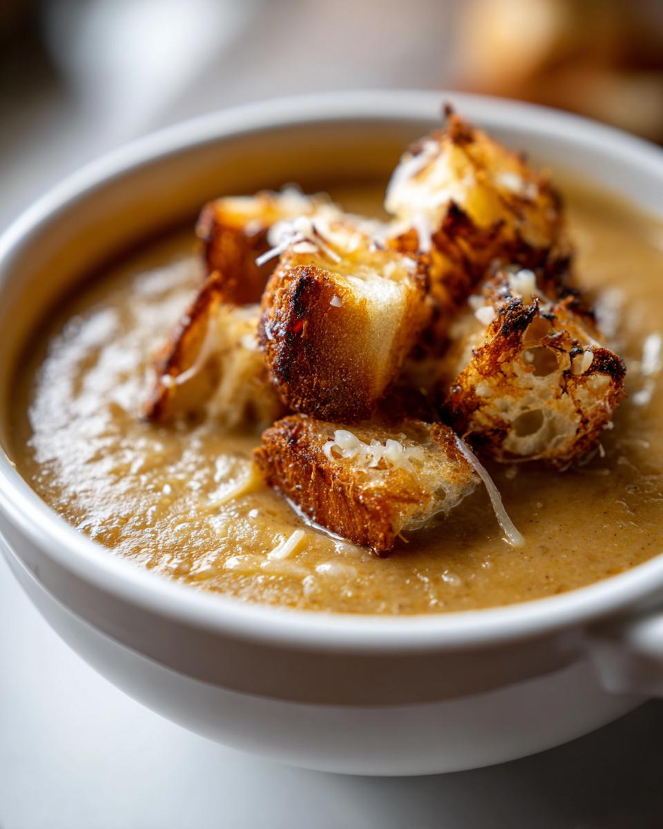 Close-up of creamy garlic soup in a white bowl, topped with toasted, cheesy croutons.