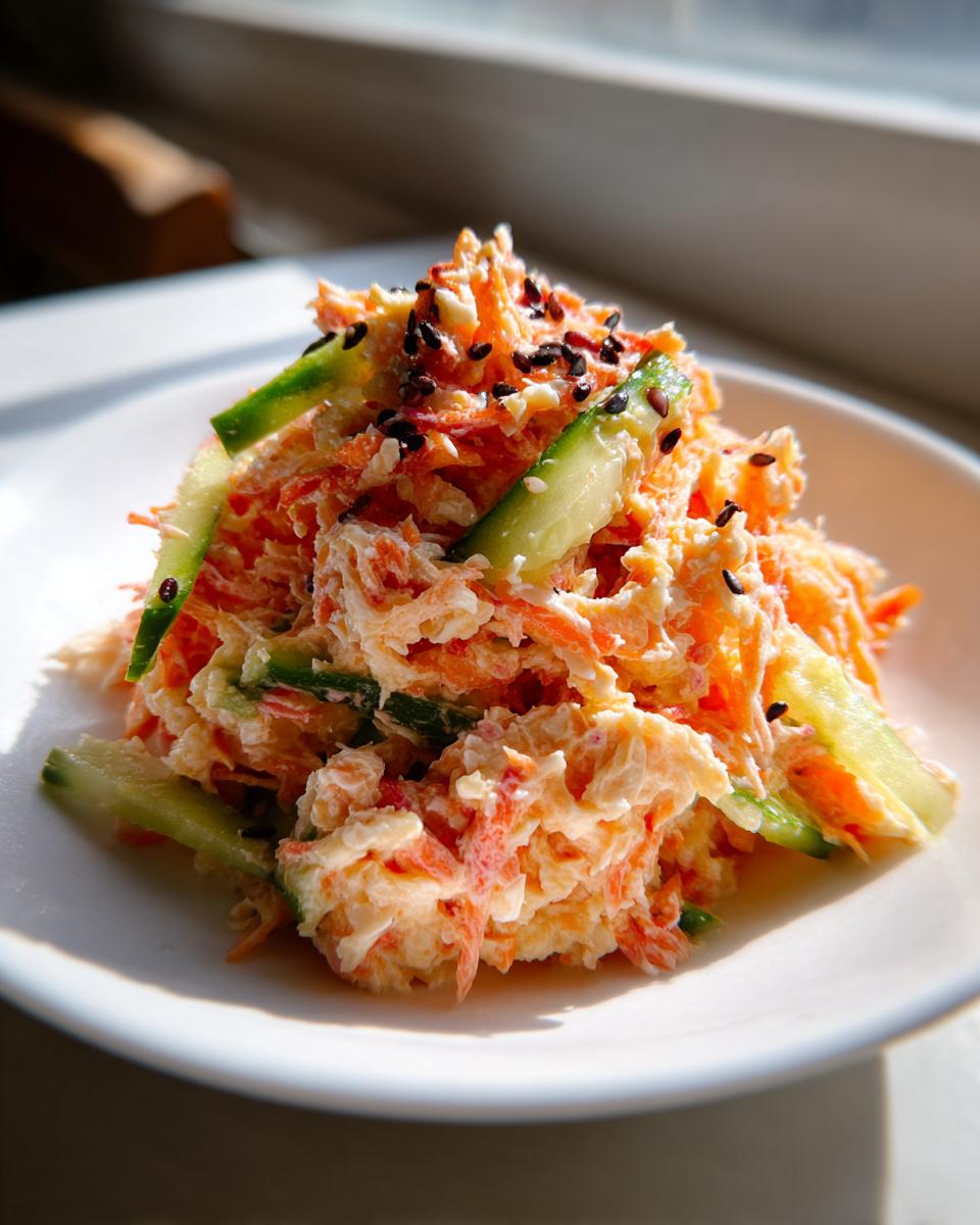 A mound of creamy kani salad featuring shredded crab stick, carrots, cucumber slices, and black sesame seeds.