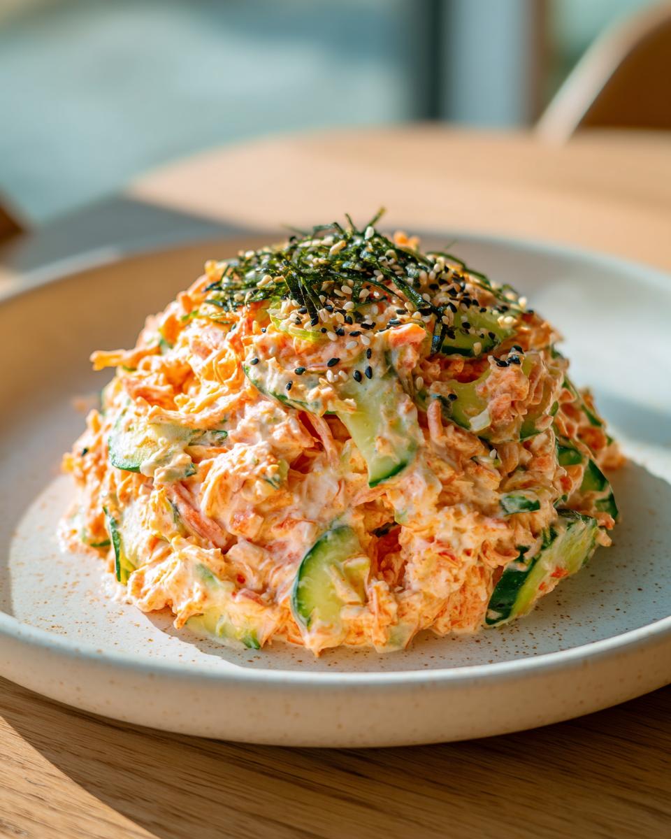 A mound of creamy, orange-tinted kani salad mixed with cucumber slices, topped with nori strips and sesame seeds.