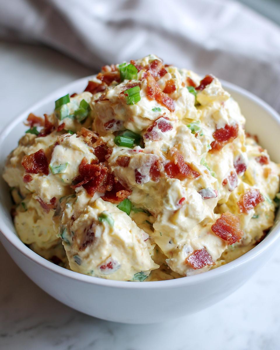 A close-up of a creamy, rich million dollar dip loaded with bacon bits and green onions in a white bowl.