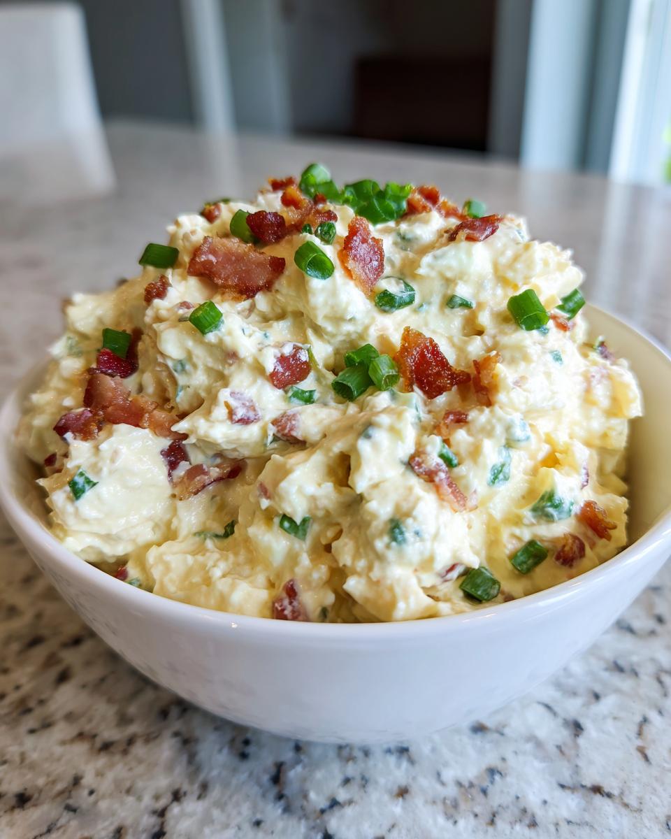 Close-up of a bowl filled with creamy million dollar dip, garnished generously with crumbled bacon and chopped green onions.